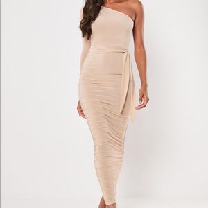 SLINKY ONE SLEEVE BELTED MIDI DRESS